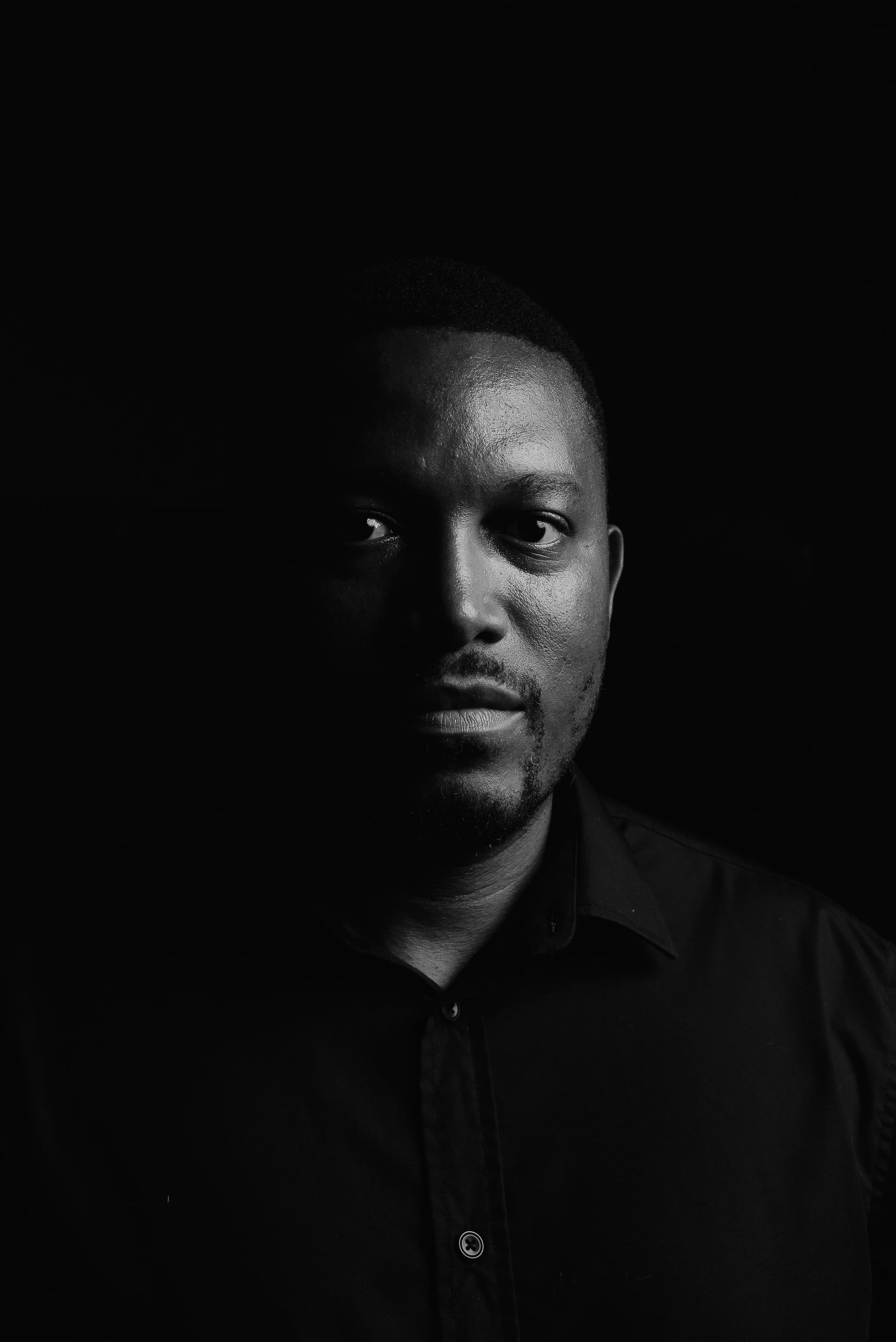 Black-and-white portrait — contemplative gaze