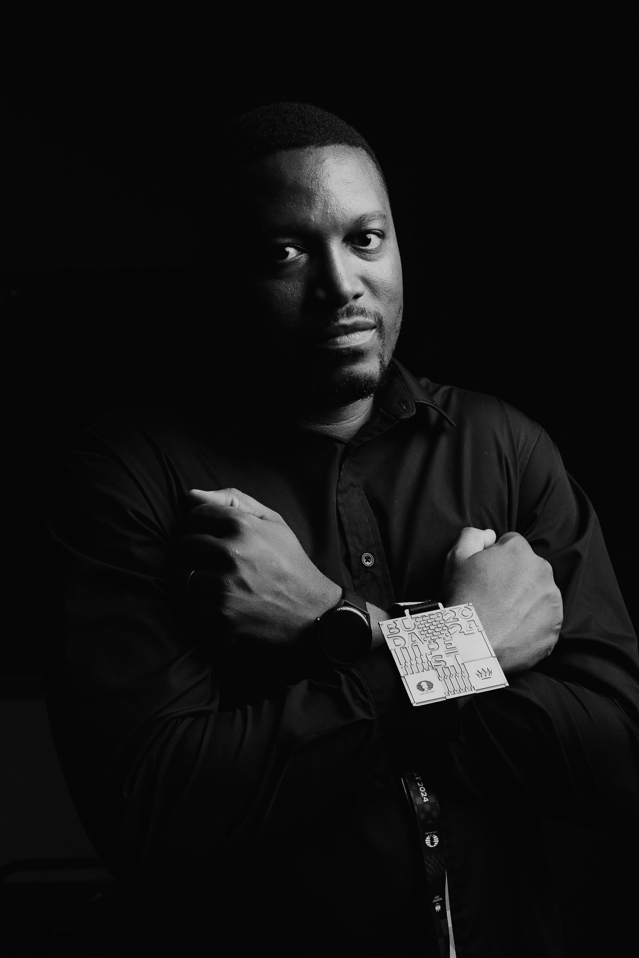 Black-and-white portrait — editorial close-up